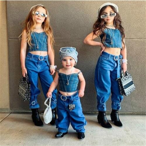2021 New Toddler Baby Girls Clothes Sets Summer Spaghetti Strap Tank Top +Belt Denim Pants Jeans Kids Fashion Outfits 0-5Y