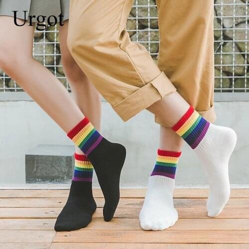 Urgot 3 Pairs/set Womens Cotton Rainbow Happy Socks Black White Stripe Fashion Colorful Couples Casual Short Socks Japanese