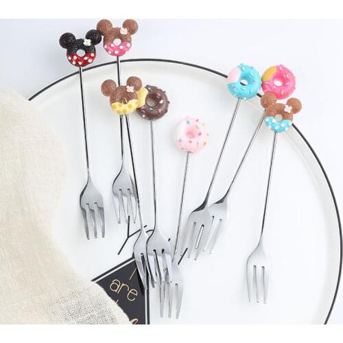 8 forks Donut Mickey Cartoon Fruit Fork 8 Compositions Creative Cute 304 Stainless Steel Fork Cake Dessert Fork
