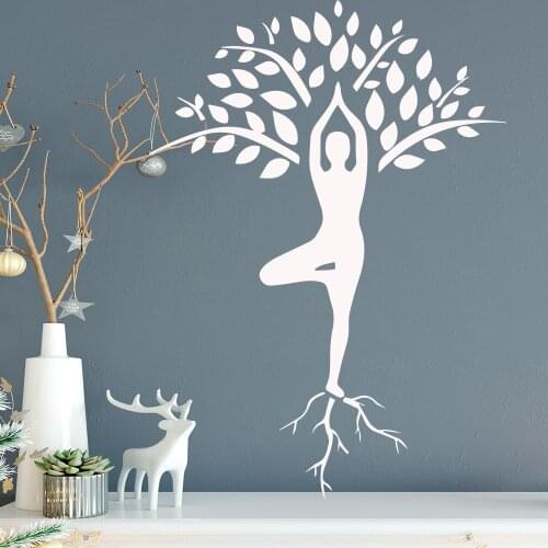 AiyoAiyo Slender Woman Yoga Pose Wall Sticker Tree Pattern Decoration for Girl Bedroom Wall Stickers Removable Vinyl Wall Mural