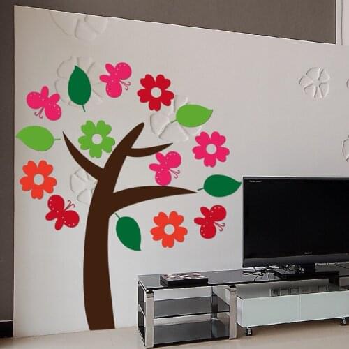 Flower Tree Acrylic 3d Wall Stickers For Kids Room TV Wall Decoration Mirror Crystal Cartoon Wall Sticker DIY Art Wall Decor