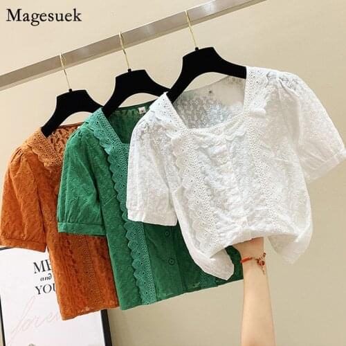 Summer Casual Loose Women Blouses French Retro Square Collar Short Sleeve Shirt Ladies Sweet Lace Stitching Flower Tops 15222