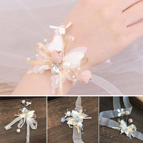 Butterfly Wrist Flower Crystal Pearls Ribbon Bracelet Wedding Bridesmaid Bride Wrist Flowers Party Women Prom Dress Accessories