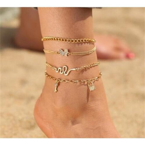 Hanzhishang alloy foot chain set personalized snake chain butterfly lock pendant 4-piece combination foot ornament