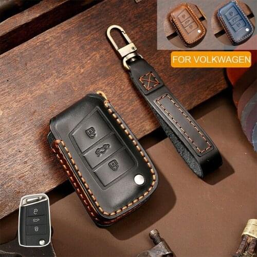 Genuine Leather Remote Flip Car Key Case Fob Cover Shell Holder Keychain For Volkswagen VW Polo Golf 7 Passat Skoda Octavia Seat