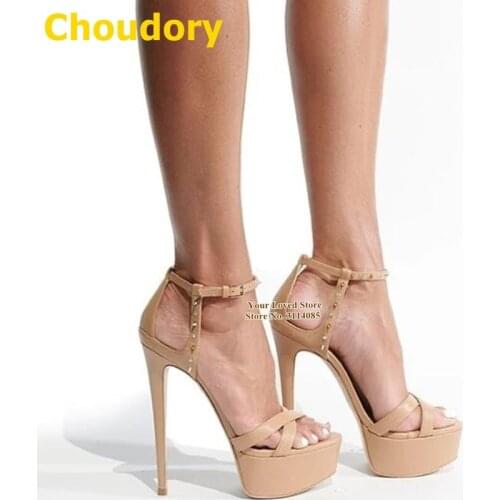 Choudory Nude Black Thin High Heel Sandals Crystal Rivets Embellished Platform Dress Shoes Buckle Strap Elegant Banquet Pumps
