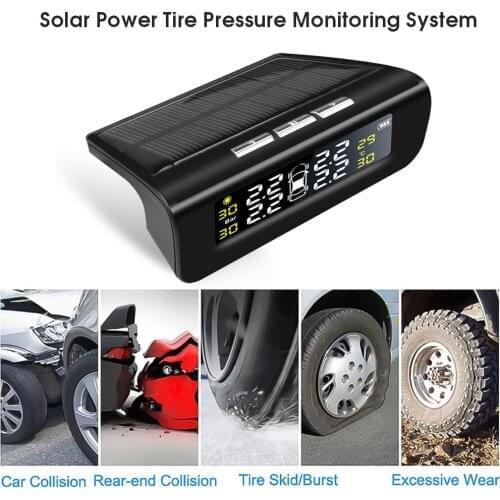 Wood Grain Solar Power Color LCD Display TPMS Wireless Tire Pressure Monitoring System 4 External Sensor Tire Pressure Alarm