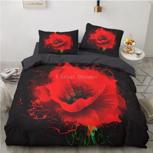 Red Poppy Bedding Set Blooming Flowers Quilt Cover Queen 2/3pcs Watercolor Home Textiles Lavender Chic Black Bed Set
