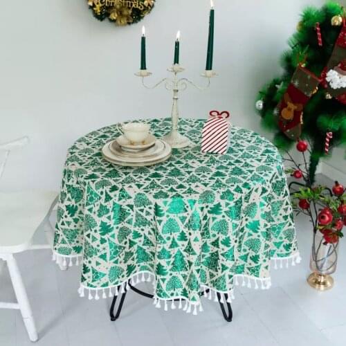 Christmas Printed Decorative Linen Round Tablecloth With Oilproof Thick Rectangular Dining Table Cover