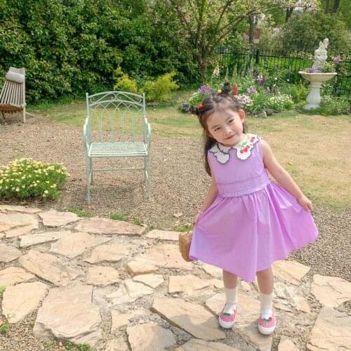 Summer New Arrival korean style girls dress with embroidered collar sleeveless vest dress for cute sweet baby girls