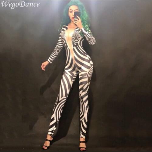 New sexy fashion 3D zebra pattern nude jumpsuit nightclub party singer dancer costume for woman freeshipping