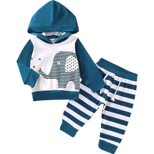 0-24M Autumn Newborn Baby Boy Girl Striped Elephant Clothes Hood Tops Pants Autumn Outfit