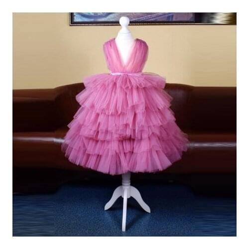 Cute Short Kids Tulle Dresses V Neck Sleeveless Puffy Tiered Ruffles Tea Length Fluffy Flower Girl Dressing Gowns