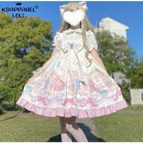 Lolita JSK Sling Dress Sweet Women High Waist Cute Dots Bow Sleeveless Straps Cartoon Print Knee Length Kawaii Teens Pink Summer