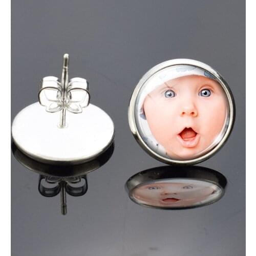 Custom Photo Company Logo Text earring Glass Cabochon Alloy stud earrings Wedding Cufflinks Gift