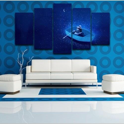 Framework Living Room Art HD Printed 5 Panel Moon River Boat Modern Painting On Canvas Home Decoration Posters