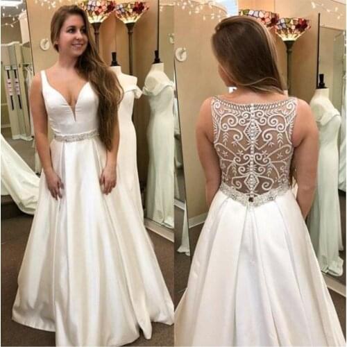 Wedding Dresses Beach Satin V Neck Crystal Straps Beaded Sexy Illusion Embroidery Bride Dresses Wedding Gowns Vestido De Noiva