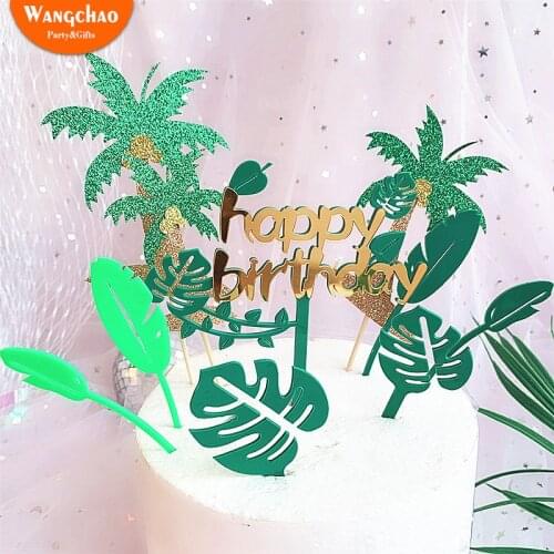 1 Set Hot Sale Green Leaf Happy Birthday Acrylic Cake Topper Animal Jungle Safari Party Supplies Kids Favors Cake Decorating