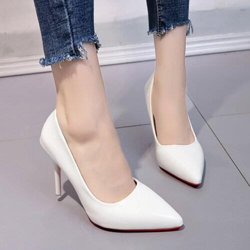 Super High Heels Basic Pumps White Wedding Shoes Patent Leather Dress Shoes Pointed Toe Boat Shoes Office Big Size 35-43 8809G