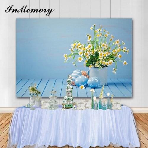 InMemory Spring Easter Photography Backdrops Flower Wooden Floor Blue Wall Baby Shower Newborn Portrait Background Photo Studio