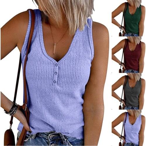 Women V-neck Undershirt Sleeveless Button-down Casual T-shirt Solid Color Perfect Match Shorts Leggings Black Slacks Jeans Shirt