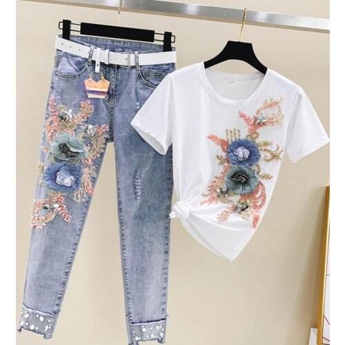 Summer Beading Women Sets Heavy Work Embroidery 3D Flower Short Sleeve T Shirt And Jeans 2pcs Clothing Female Casual Suits Y79