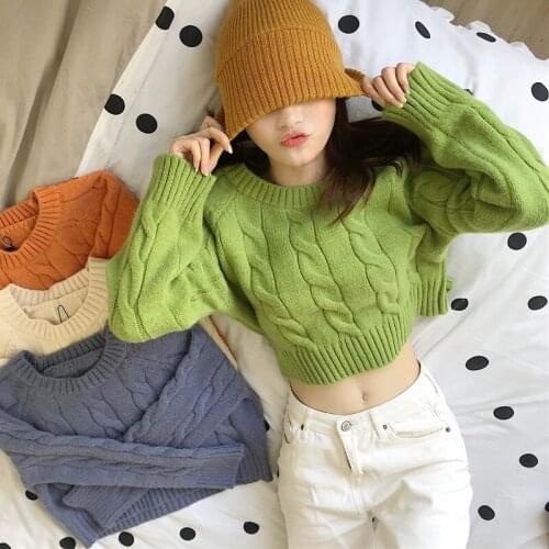 Women Short Loose Casual Sweaters Solid Color 2020 Fashion Twist Long Sleeve Korean Sweet Jumpers Pull Femme