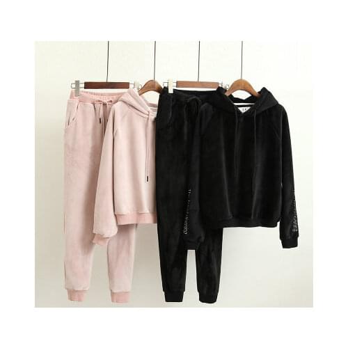 Womens set winter gold velvet letter embroidery thicken hooded sweater + pants set casual warm sportswear