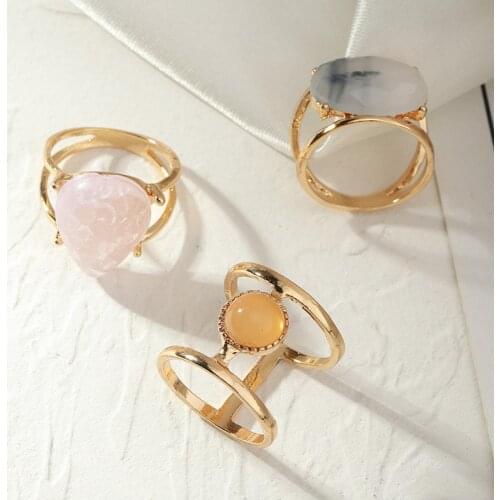 Retro Colorful Stone Resin Ring Female Metal Set Index Finger Ring Sequin Drop-Shaped Joint Ring Ladies Girl Party 2021 Trend