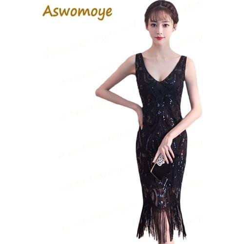 Aswomoye Elegant Mermaid Short Evening Dress 2018 New Black Shinning Sequin Party Dress V-Neck Bottom with Tassel robe de soiree