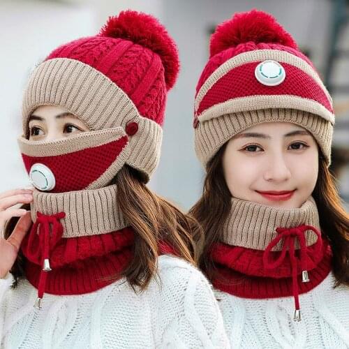 Winter Cycling Hat Women 3 piece Warm Wool Beanies Skullies Hats With Mask Collar Bib Female Velvet Thick Anti-smog Knit Caps
