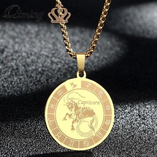 Gold Medal Zodiac Capricorn Necklace Men Women Couple Stainless Steel Jewelry Horoscope Necklace Wish Gift