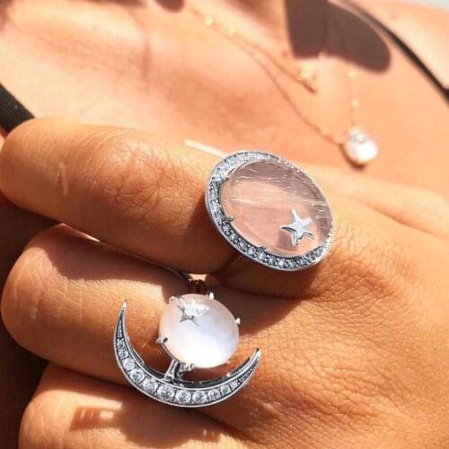 2 Pcs/Set Crystal Moon Star Sun Knuckle Rings Set For Women Girls Silver Color Rhinestone Ring Midi Finger Jewelry Accessories