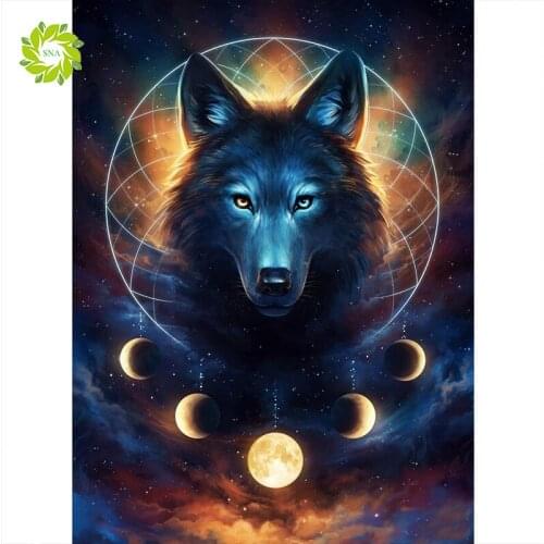 SNA Diamond Painting Full Square,round Animal Diamond Embroidery Rhinestones Pictures Diamond Mosaic Moon Wolf