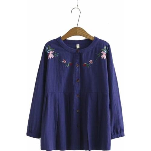 Plus size loose bottom O neck embroidery cotton women blouse 2021 new spring autumn casual ladies shirts female tops Purple gold