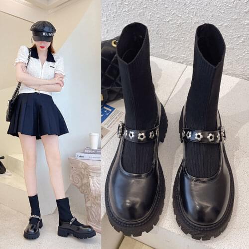 Women Thick-soled Casual Net Red Knitted Short Boots 2021 Autumn New Fashion Socks Shoes British Style Martin Boots