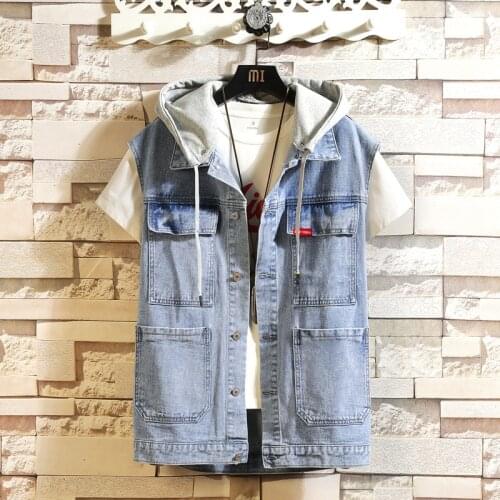Denim vest men plus size tooling new spring sleeveless Jeans Jacket Hoodies Slim Many pockets Jeans Coats Casual Waistcoat