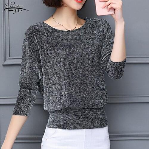 Elegant Fashion Elegant Shiny Sequin Blouse Classic Black Blue Shine Women Blouse Plus Size Glitter Shirt Tops Tunic Women 15841