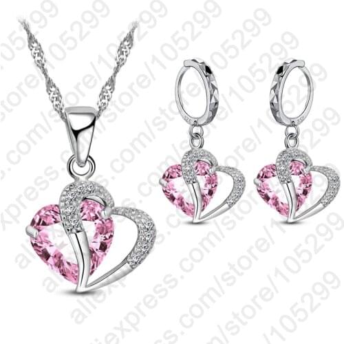 Hottest Wholesale New Jewelry 925 Sterling Silver Heart Water Drop Necklace + Dangle Earrings Cubic Zirconia Jewelry Sets