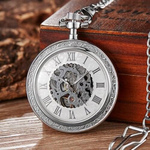 Retro Silver Golden Skeleton Steampunk Mechanical Pocket Watches Roman Numerals Hand-winding Fob Chain Clock Collection Gift