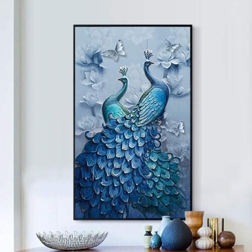 Fashion Diy Diamond Painting Luxury Peacock Blue Classic Mural Manual Diamond Living Room 3D Relief Without Photo Frame E11485