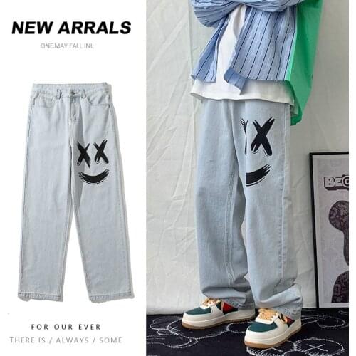 Smiling face jeans mens autumn new 2021 daddy pants tide brand straight tube wide leg pants spring and autumn loose high street