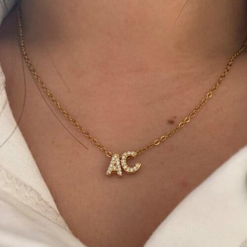 Customize DIY Micro Pave CZ 2 Letters Choker Charm Necklace Shinning Gold Color Zircon Name Steel Chain Necklace Collar Jewelry