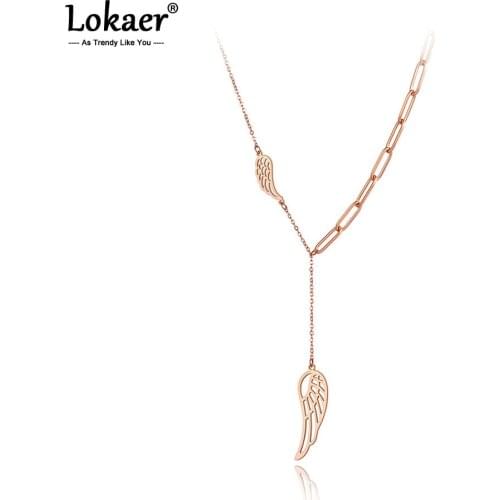 Lokaer Original Design Titanium Steel Angel Wings Charm Pendant Necklaces Trendy Rose Gold Choker Necklace For Women Girl N20114