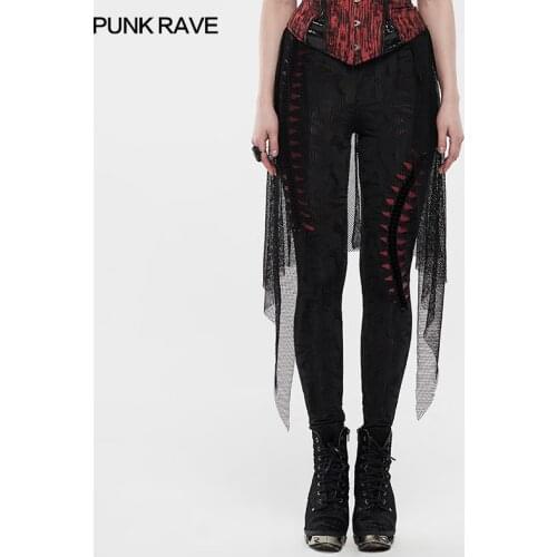 PUNK RAVE Womens Gothic Mesh Patchwork Dark Flame Leggings Fashion Novelty Personality Stretch Knit Daily Casual Tight Trousers