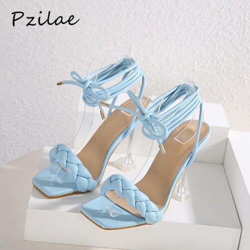 Pzilae New Summer Fashion Design Weave Women Sandals Lace-Up Open Toe Shoes 2021 Ladies Transparent Strange heels Sandals