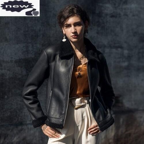 Luxury Women Winter Shearling Real Fur Short Coat Brand Genuine Leather Slim Zipper Biker Jacket Elegant Office Lady Outerwear