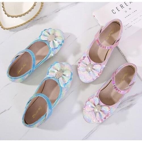 Girls Sweet Princess Flats Shoes Kids Childrens Rainbow Leather Shoes With Floral Printed Rhinestone Fashion Pink Blue 25-38