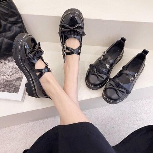 Bow Knot Mary Janes Shoes Women Lolita ShoesCross-tied Platform Shoes Patent Leather Girls Shoes Rivet Casual Shoes Size 40