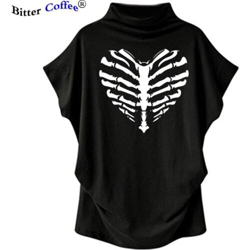 Skeleton Bones Printing Funny Skull Skeleton T Shirt Women Bat Sleeve Tops Summer Casual Turtleneck Streetwear Tees Femme